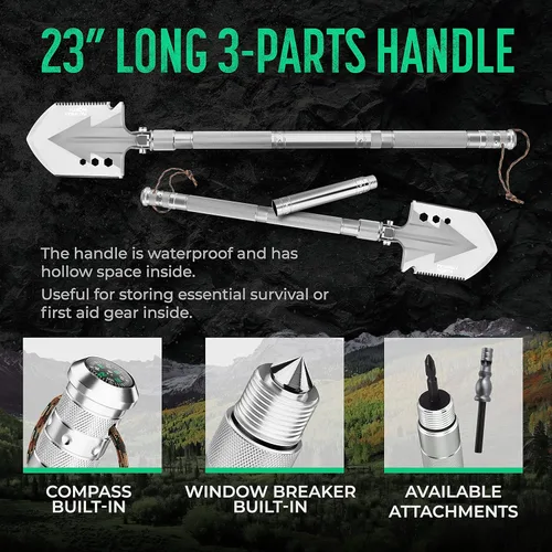 Vista 6 de Pala de supervivencia y hacha de campamento – Herramienta táctica de supervivencia de acero inoxidable multiherramienta y hacha de supervivencia