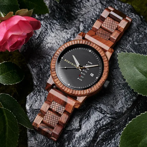 Vista 4 de BOBO BIRD Reloj de madera para hombre, analógico, de cuarzo, con pantalla de semana, ligero, hecho a mano, para hombre