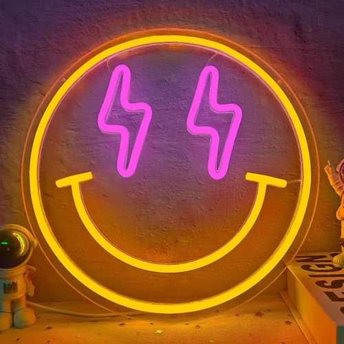 Vista 2 de Letrero de neón de cara sonriente, letreros de neón de cara sonriente para decoración de pared, luces de neón regulables, letrero LED de cara
