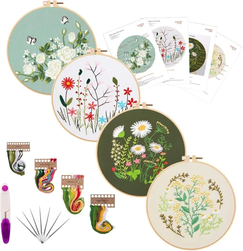 Vista 9 de Kit de bordado de flores Picoey para principiantes con patrón de flores e instrucciones, 4 kits de punto de cruz, 2 aros de madera para bordar