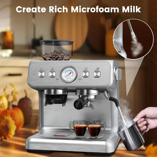 Vista 7 de Máquina de café expreso con molinillo integrado, cafetera profesional de 15 barras con espumador de leche, cafetera espresso de acero inoxidable