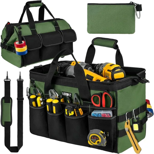 Vista 10 de Bolsa de herramientas de 15 pulgadas, 38 bolsillos para hombres, organizador de caja de herramientas resistente, bolsa de herramientas de boca