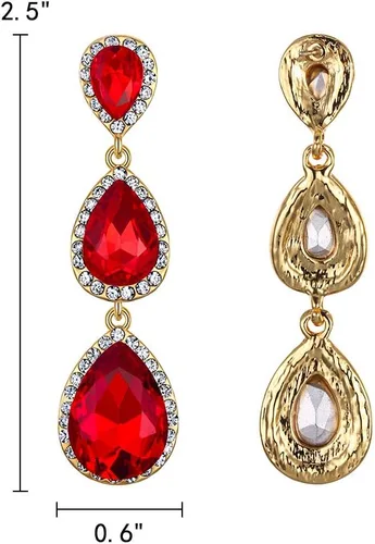 Vista 102 de EleQueen Aretes con forma de pera o lágrima larga de tono dorado con cristal austriaco para mujer, 2.5 pulgadas de largo 01-Color esmeralda