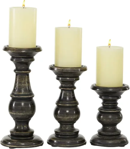 Deco 79 Portavelas decorativo de madera de mango, soporte de vela de pilar torneado envejecido, juego de 3 portavelas de 6 pulgadas, 8 pulgadas, 10
