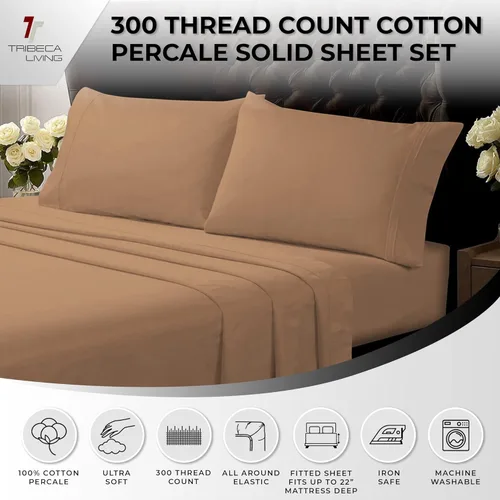 Vista 3 de Tribeca Living Juego de sábanas y fundas de almohada de algodón percal de algodón fresco y suave, bolsillo extra profundo, 300 hilos, ropa de cama