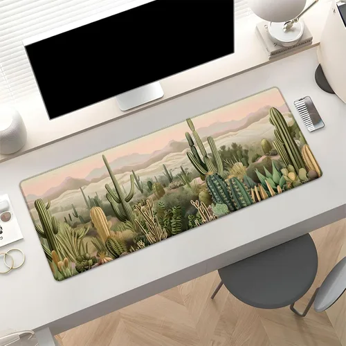Vista 2 de Alfombrilla de mouse para juegos con temática de cactus, tapete de escritorio grande de paisaje sereno para computadora, teclado extendido, laptop