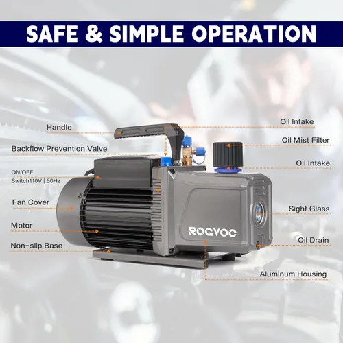 Vista 7 de Bomba de vacío de 14 CFM, bomba de vacío de aire de paleta rotativa de doble etapa de 110 V 1 HP para HVAC/AUTO, recarga de refrigerante de CA