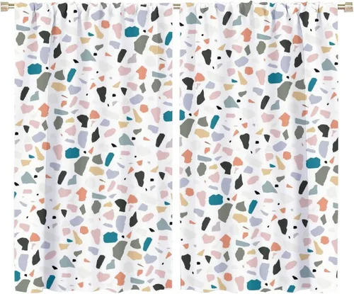 Vista 28 de Cortinas opacas con diseño abstracto de mármol, modernas y bohemias con patrón de terrazo colorido en acuarela, con bolsillo para cortinero Mármol