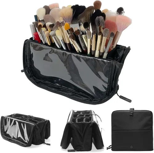 Bolsa organizadora de brochas de maquillaje de viaje, soporte para brochas de maquillaje de pie con divisores ajustables, soporte para bolsa de