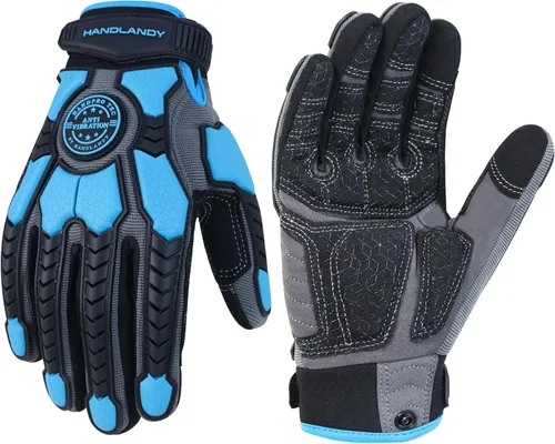 Vista 8 de HANDLANDY Guantes antivibración, acolchado SBR, protector TPR, guantes de trabajo mecánico (L, negro)