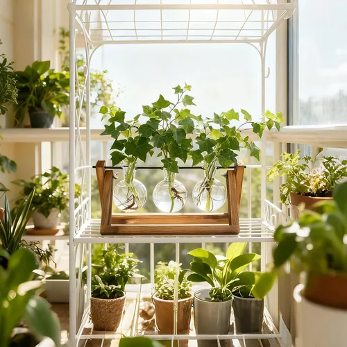 Vista 9 de Renmxj Estaciones de propagación de plantas con soporte de madera y 3 jarrones de bombilla de vidrio, terrario de plantas para plantas