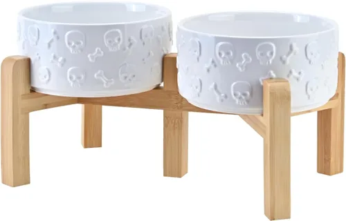 Vista 11 de SPUNKYJUNKY Cuencos Elevados para Perros de Cerámica, 5.1'' Cuencos de Comida y Agua para Perros y Gatos Elevados con Soporte de Bambú Beige