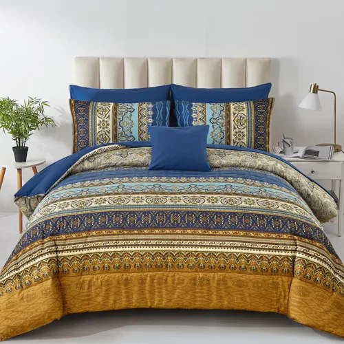 Vista 11 de Cottolester - Juego de edredón bohemio de tamaño matrimonial, 8 piezas, ropa de cama de microfibra suave en una bolsa, rayada y de color aguamarina