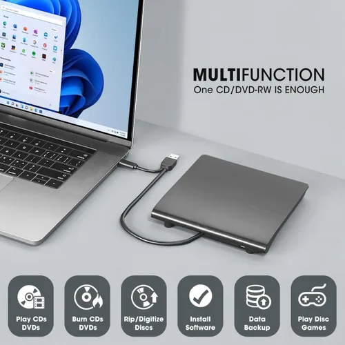 Vista 5 de ROOFULL Unidad externa de CD DVD para PC portátil Windows 11/10/7, USB 3.0 y USB-C CD DVD ROM lector escritor +/-RW disco quemador reproductor