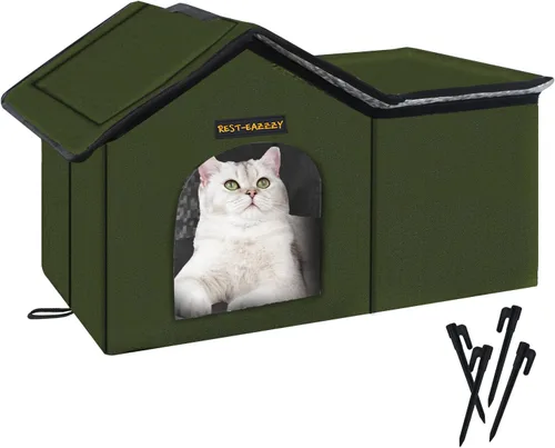 Vista 15 de Rest-Eazzzy Casa para gatos al aire libre, resistente a la intemperie y aislada, con alfombrilla y toldo, fácil de poner, refugio para gatos
