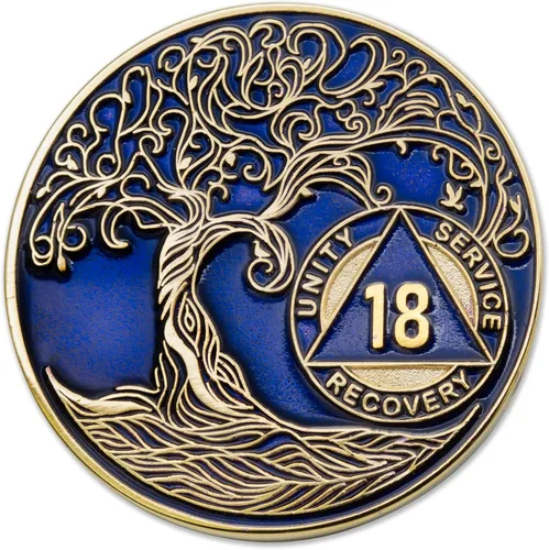 Vista 90 de 1 año Sobriety Mint Twisted Tree of Life Medallón de recuperación AA chapado en oro, chip/ficha - negro