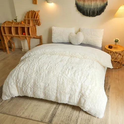 MEGO - Juego de funda de edredón de piel sintética peluda de lujo, ultrasuave de 2 piezas, juego de ropa de cama mullida, color marfil (1 funda de