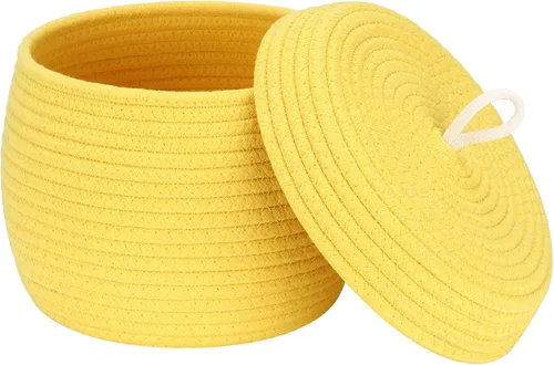 Vista 25 de Sea Team Cesta de almacenamiento redonda de cuerda de algodón con tapa, cesta de almacenamiento tejida con pompones de arcoíris coloridos, maceta