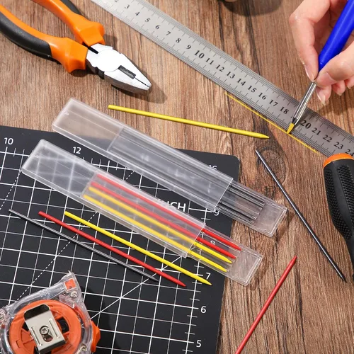 Vista 2 de Hiboom Paquete de 2 lápices de carpintero sólidos con 14 repuestos, marcador mecánico de punta larga con afilador integrado para carpintero Negro