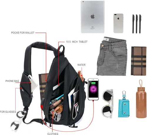 Vista 4 de TurnWay - Bolsa bandolera impermeable, bolsa cruzada, bolsa al hombro, con puerto de carga USB para viajes, senderismo, ciclismo, campamento