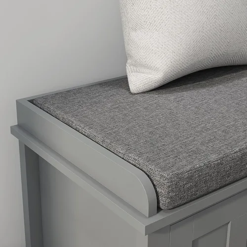 Vista 8 de HOMCOM Banco otomano de almacenamiento para zapatos de entrada con puertas correderas, estantería ajustable, 6 compartimentos y asiento acolchado