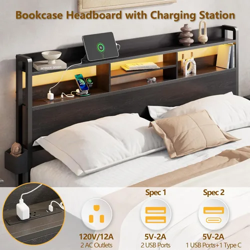 Vista 3 de Furnulem Base de cama de tamaño matrimonial con cabecera de madera, plataforma de metal, tamaño matrimonial con 2 cajones de almacenamiento