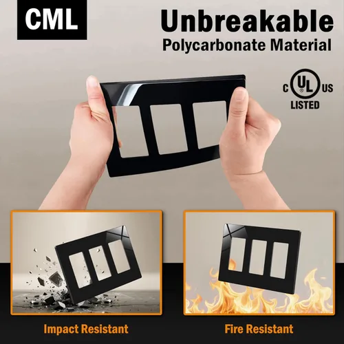 Vista 3 de CML - Placa de pared decorativa negra sin tornillos de 3 segmentos, paquete de 2 cubiertas de receptáculo de salida y placa de interruptor, cara