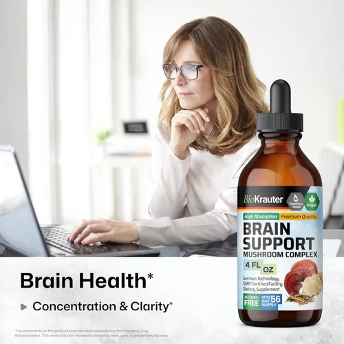 Vista 2 de Suplemento de hongos Brain Support – Gotas de tintura de extracto de hongos líquido – Melena de león, Cordyceps, Reishi, Shiitake, cola de pavo