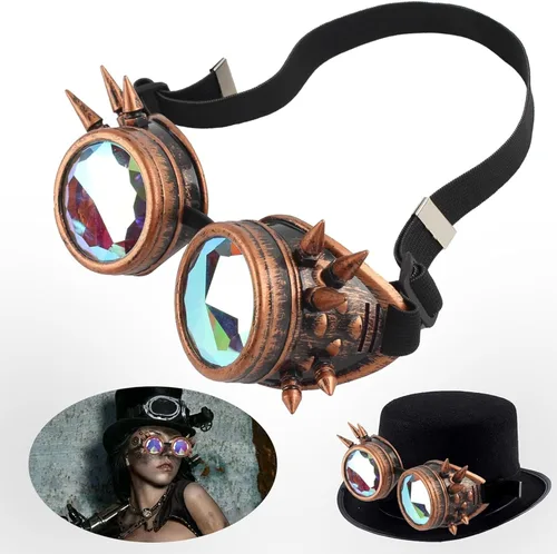 TamBee Gafas Steampunk vintage con lente de diamante de color, gafas de soldadura de bronce, máscara facial de Halloween de 5.5 x 2.3 pulgadas