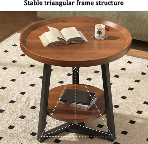 Vista 7 de YVYKFZD Round Coffee Table, 2 Tier Wood Center Table for Living Room, Fluted Tea Table with Metal Frame, Farmhouse Cocktail Table End Table(Walnut