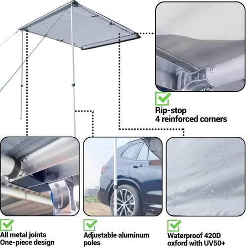 Vista 3 de DANCHEL OUTDOOR - Toldo retráctil, impermeable para vehículos: SUV, Overland, Offroad. Carpas gris para automóvil.