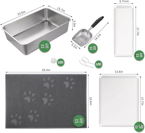 Vista 2 de Juego de 2 cajas de arena para gatos de acero inoxidable, paquete de 2 cajas de arena grandes de metal para gatos con 2 espátulas, 2 alfombrillas