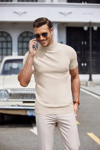 Vista 2 de COOFANDY Suéter de cuello alto falso para hombre, de manga corta, color sólido, básico, ajustado, de punto