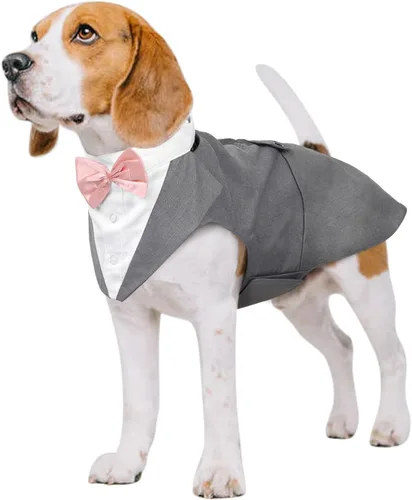 Vista 16 de Conjunto de esmoquin para perro Kuoser, traje de esmoquin y bandana para perros, traje de boda para perros, camisa con corbatín para perrito
