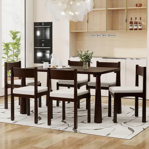 Vista 26 de Juego de mesa de comedor rústica de 6 piezas con mesa rectangular de caballete y 4 sillas tapizadas y banco, juego de mesa de comedor de cocina