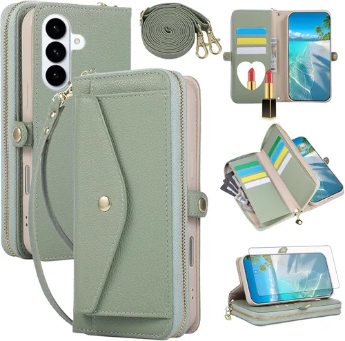Vista 51 de Asuwish Funda de teléfono para Samsung Galaxy S23 5G con cremallera, funda para celular con protector de pantalla, correa para el hombro, espejo
