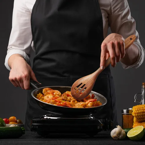 Vista 5 de KITEISCAT Cucharas de madera de acacia para cocinar: juego de utensilios de cocina y cocina de 5 piezas - espátula de madera, cuchara ranurada