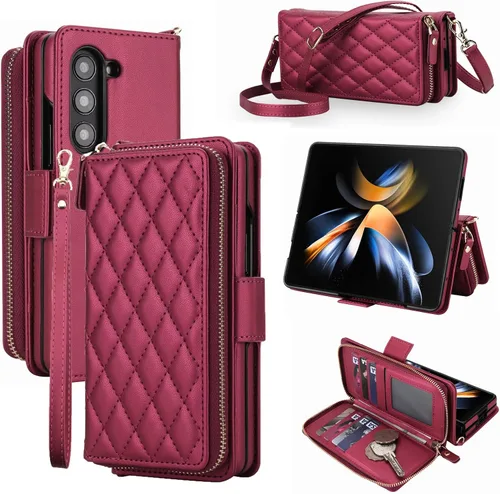 Vista 12 de Compatible con Samsung Galaxy Z Fold 3 5G 2021 - Funda tipo cartera con cremallera y bloqueo RFID, correa para tarjetero, ranuras para tarjetas Rojo
