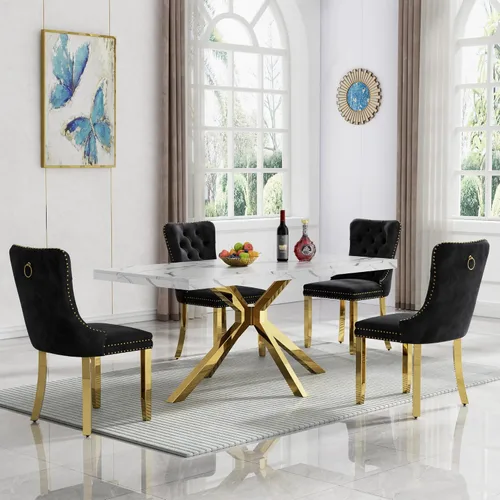 Vista 85 de HomVent - Juego de mesa de comedor de mármol sintético de 68 pulgadas con 4 sillas de terciopelo para cocina