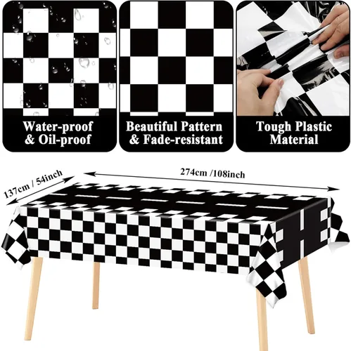 Vista 2 de Qyeahkj 6 piezas de decoración de fiesta a cuadros en blanco y negro, suministros de mantel de auto de carreras, dos fundas de mesa de cumpleaños