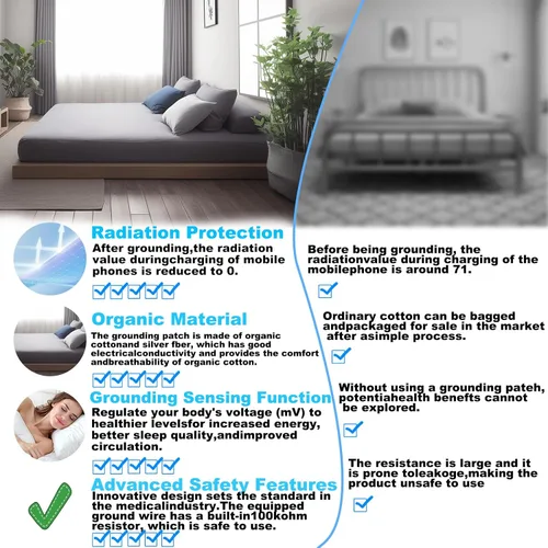 Vista 5 de Grounding Sheets King, 90 % algodón orgánico + 10 % fibra de plata pura, juego de sábanas con tierra de bolsillo profundo, alivia el dolor, se