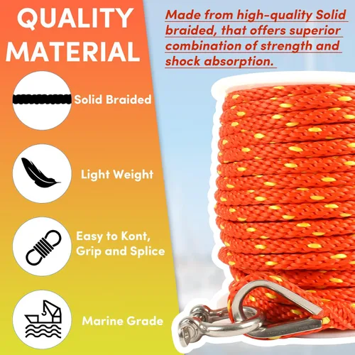 Vista 4 de Cuerda de anclaje prémium de 100 pies x 3/8 pulgadas, cuerda de anclaje MFP maciza con dedal y grillete, color naranja/amarillo