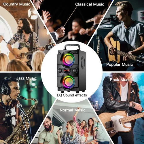 Vista 6 de Altavoz Bluetooth portátil de 60 W (pico de 80 W) con doble subwoofer de graves pesados, Bluetooth 5.0 inalámbrico de 100 pies para exteriores