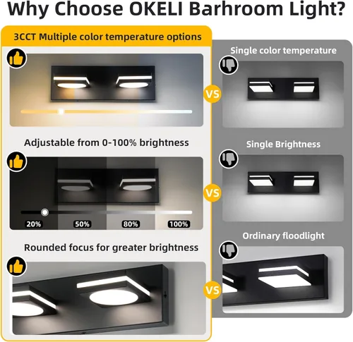 Vista 3 de OKELI Lámpara LED de tocador de baño de 2 luces, color negro mate, moderna lámpara de pared sobre espejo (3CCT, 3000K-6000K)