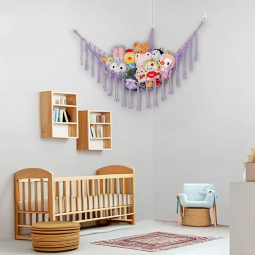 Vista 5 de Hamaca Esquinera para Animales de Peluche, Red Grande Tejida a Mano para Hamaca de Juguetes de Peluche con Anillos de Madera Almacenamiento Boho