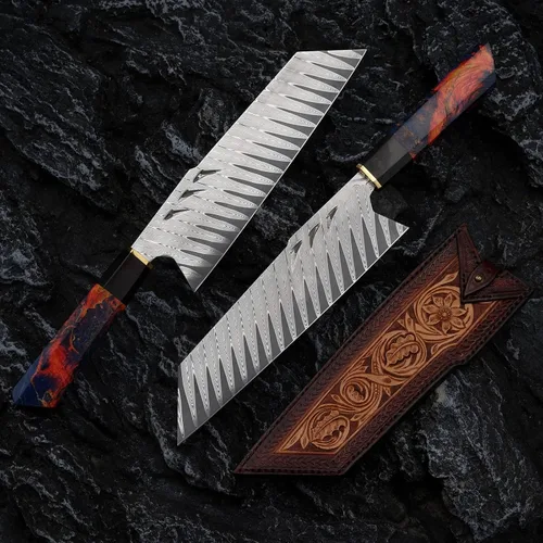 Vista 4 de Cuchillo Santoku de acero de Damasco hecho a mano, cuchillo de chef japonés Tanto con vaina, cuchillo Bunka de 8 pulgadas, cuchillos para cortar