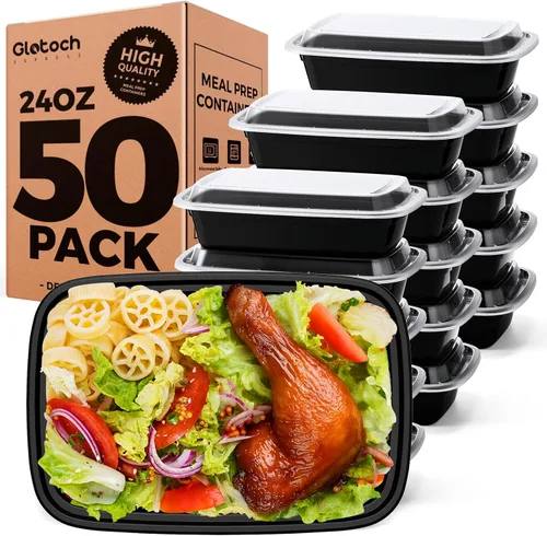 Recipientes de preparación de comidas de 24 oz, 100 piezas (paquete de 50) reutilizables con tapas, resistentes, a prueba de fugas y seguros para