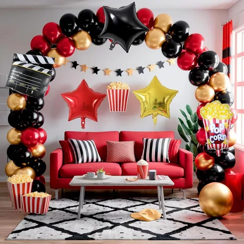 Vista 4 de Kit de arco de guirnalda de globos de noche de película, globos rojos, negros y dorados con globos de papel de aluminio de cámara y estrella, globos