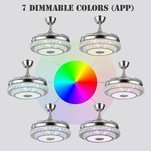 Vista 2 de Candelabros inteligentes de 42 pulgadas con Bluetooth, regulable, 7 cambios de color, lámpara LED de cristal retráctil con ventilador con control