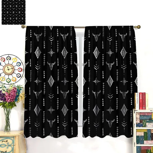Vista 376 de Cortinas con patrón geométrico tribal, estilo suroeste, azteca, rústico, occidental, nativo americano, opacas, con bolsillo para barra, decoración